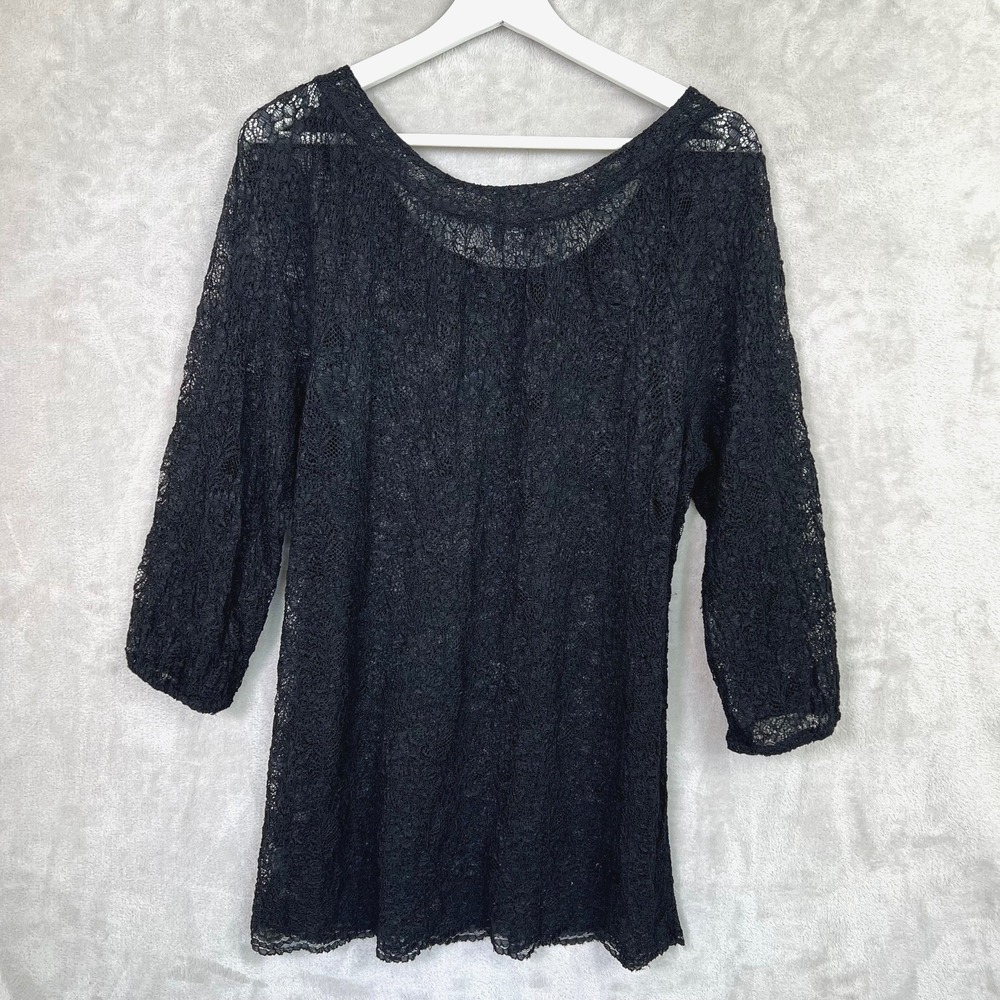Susan Graver Vintage Style Y2K Sheer Black Lace Romantic Goth XL Long Sleeve Top - Picture 2 of 8
